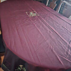 Burgundy Christmas Tablecloth Tree Embroidery Green Trim Nylon Lightweight